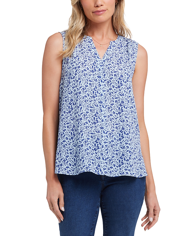 Nydj Print Pleat Back Sleeveless Split Neck Blouse In Blue