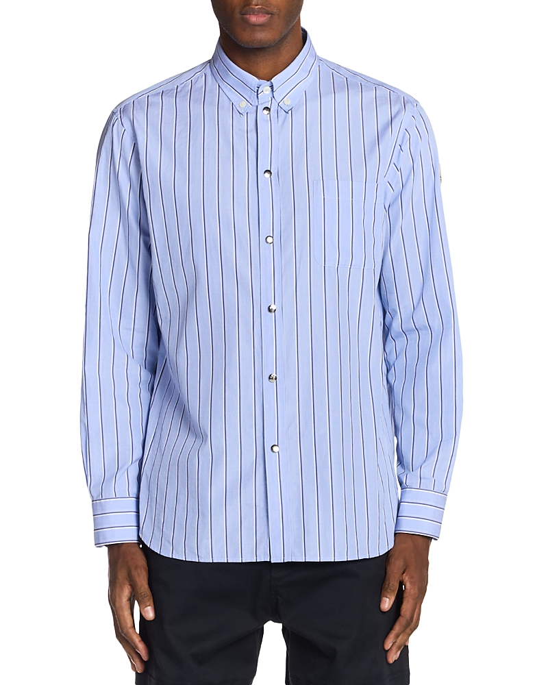 Moncler Logo Patch Stripe Cotton Poplin Button-down Shirt In Blue