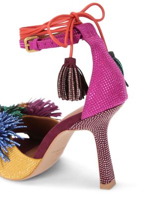 Women's Suede Pom Pom Ankle Tie Sandals