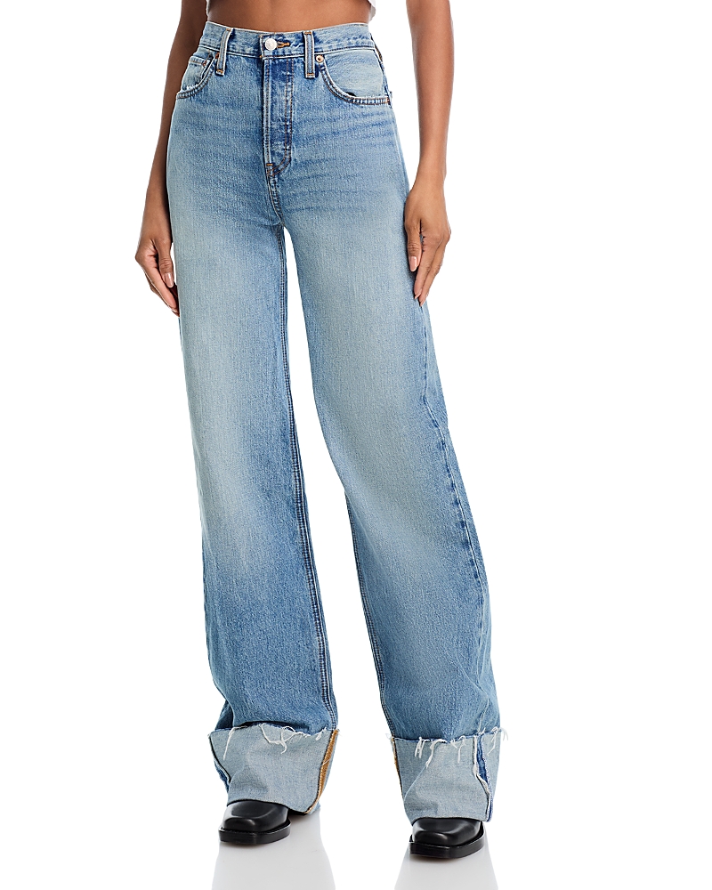 Re/done High Rise Wide Leg Cuffed Jeans In Vintage Biker Blue