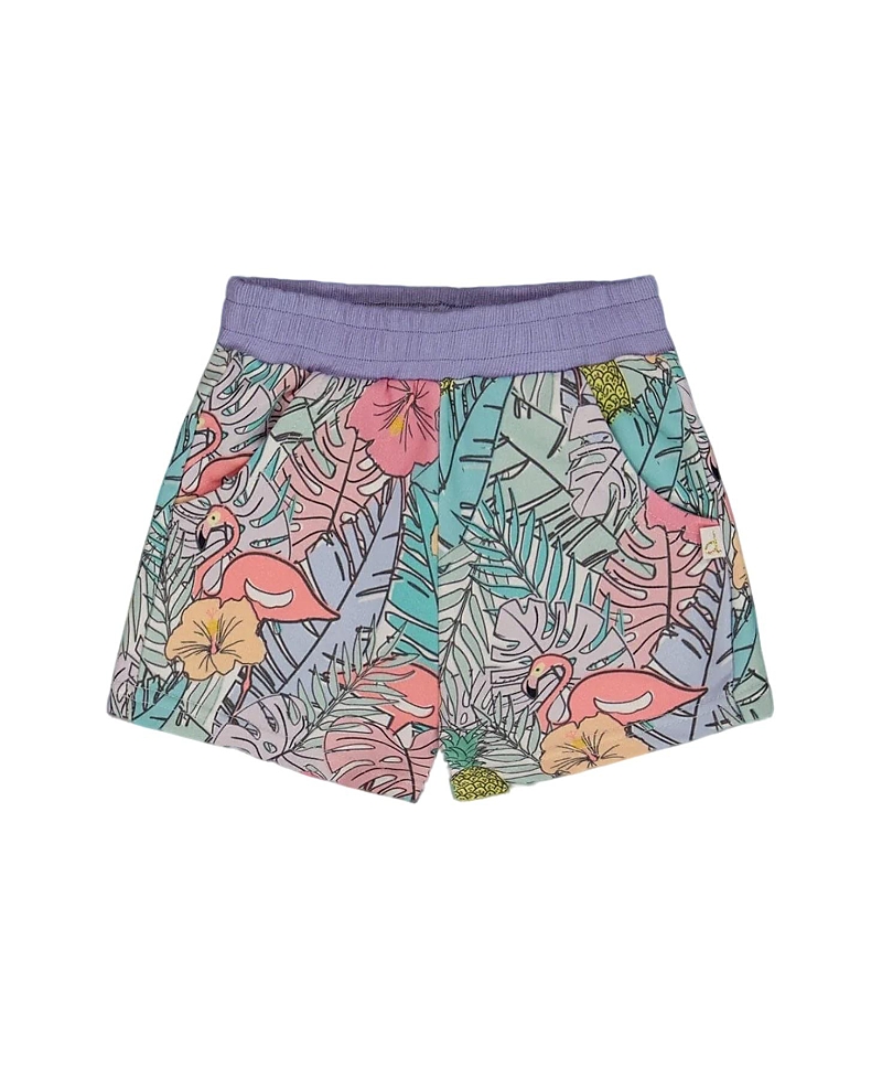 Deux Par Deux Girl's Printed French Terry Short Lilac Tropical And Pink Flamingos In Multi
