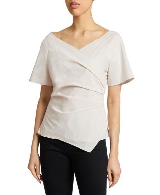 MURPHY Short Sleeve Wrap Top with Asymmetric Tucked Closure in Stretch Cotton Blend