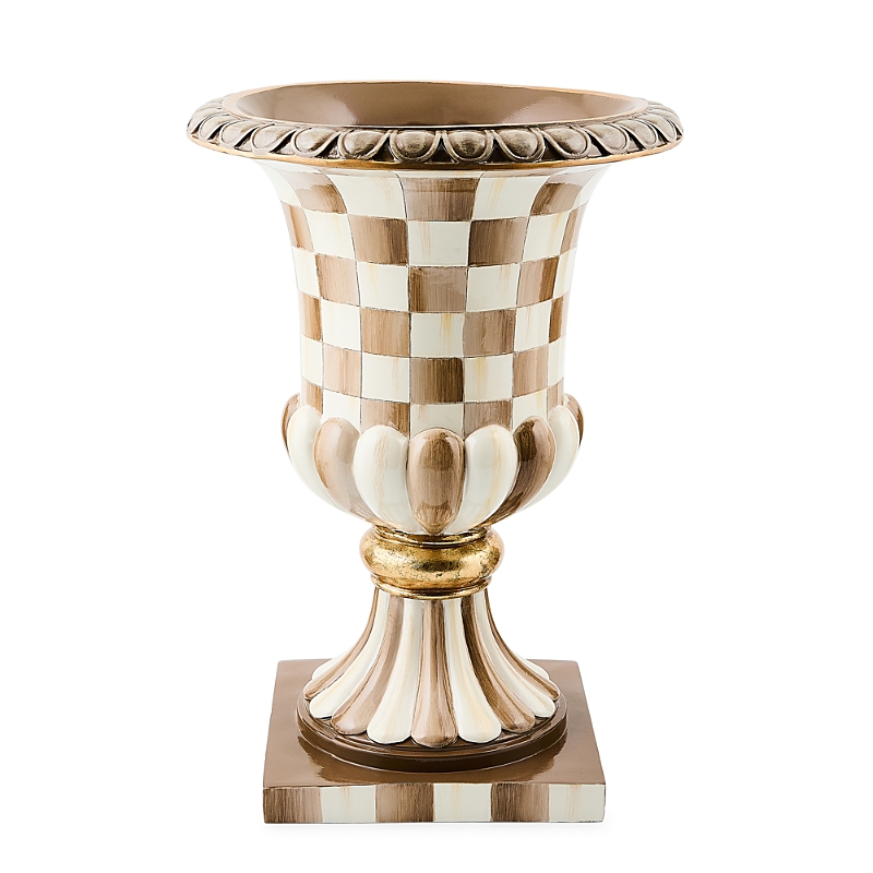 Mackenzie-childs Mocha Check Tabletop Pedestal Urn In Brown
