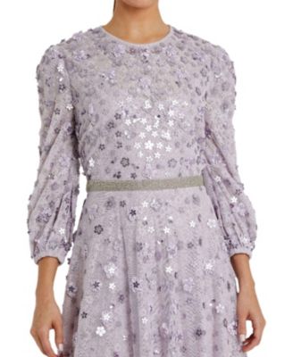 Floral Applique Puff Sleeve High Neck A-Line Gown