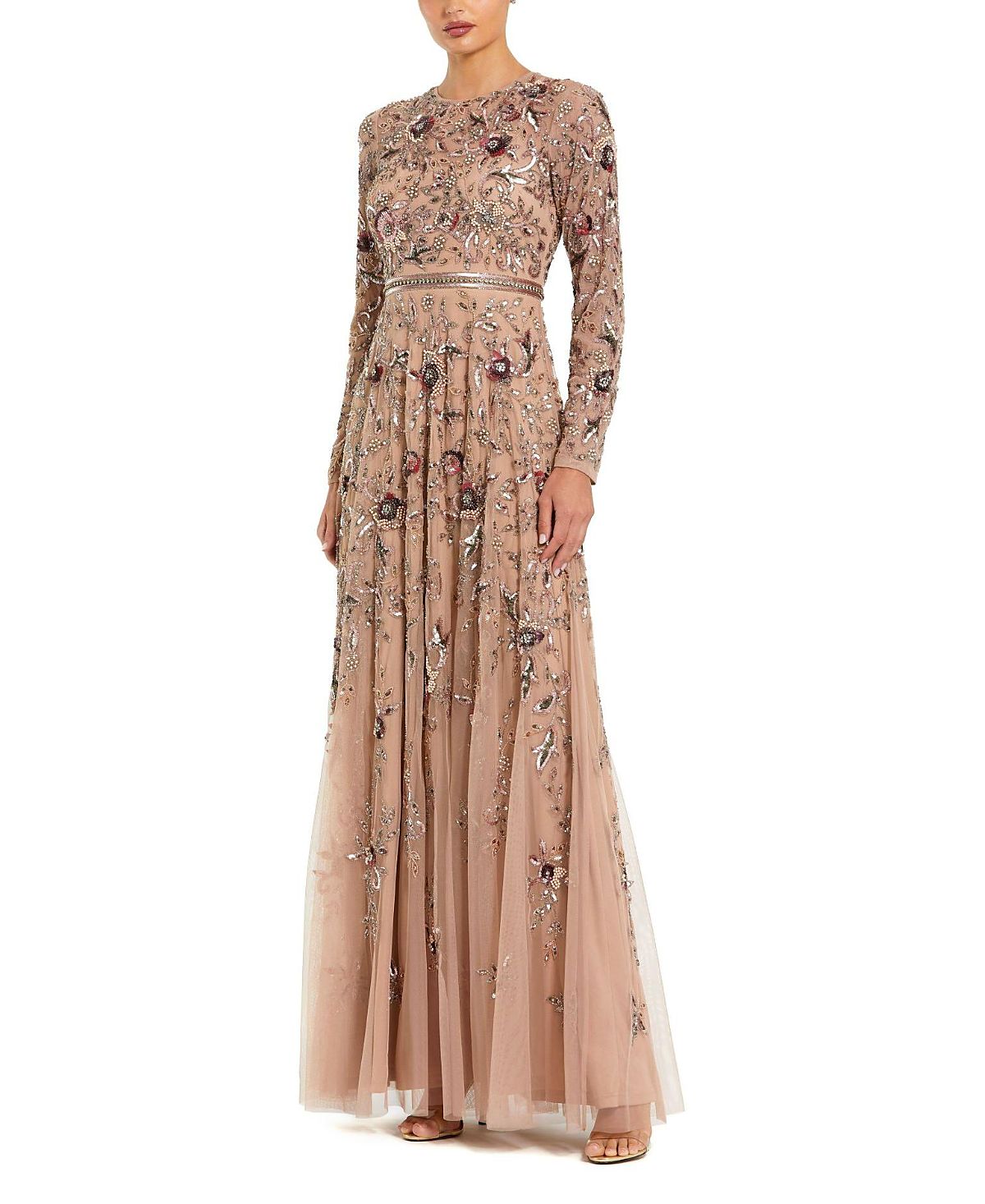 Mac Duggal Long Sleeve Floral Embellished Mesh A Line Gown