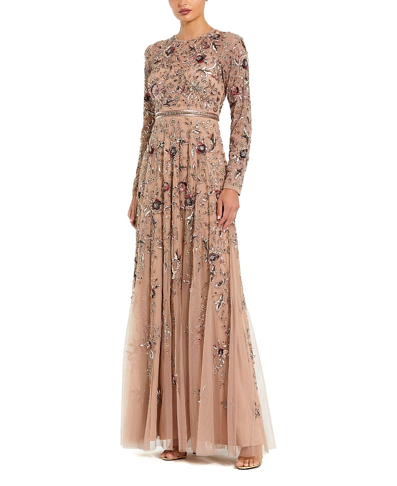 Mac Duggal Long Sleeve Floral Embellished Mesh A-line Gown