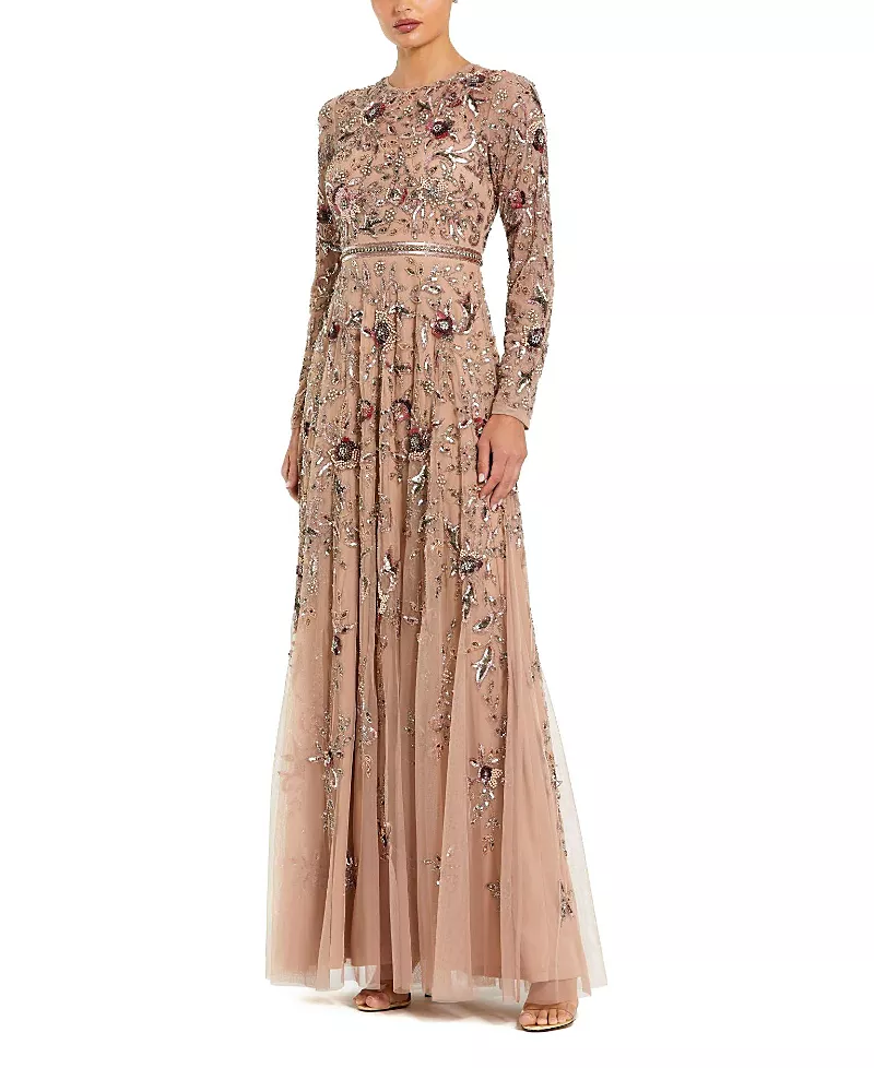 Mac Duggal Long Sleeve Floral Embellished Mesh A Line Gown