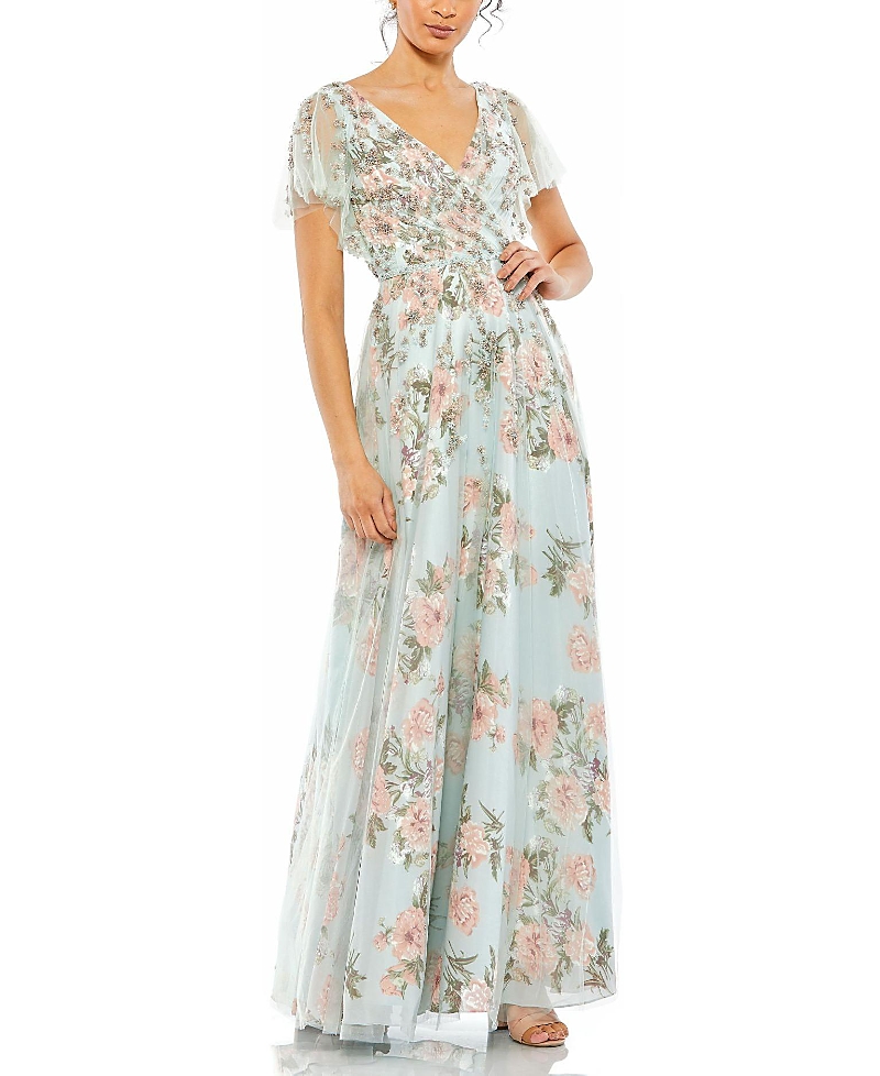 Mac Duggal Embellished Floral Gown With Mesh Flutter Sleeves And Beaded Waist In Blue