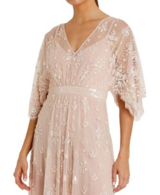 V Neck Flutter Sleeve Embellished Mesh Gown