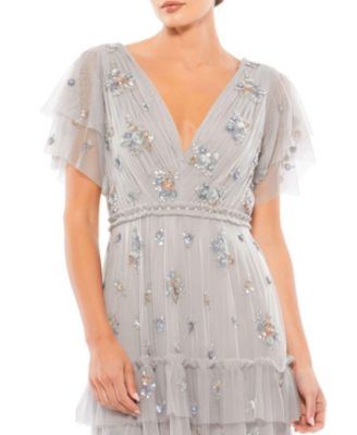 Ruffle Tiered Embellished Flutter Sleeve Gown