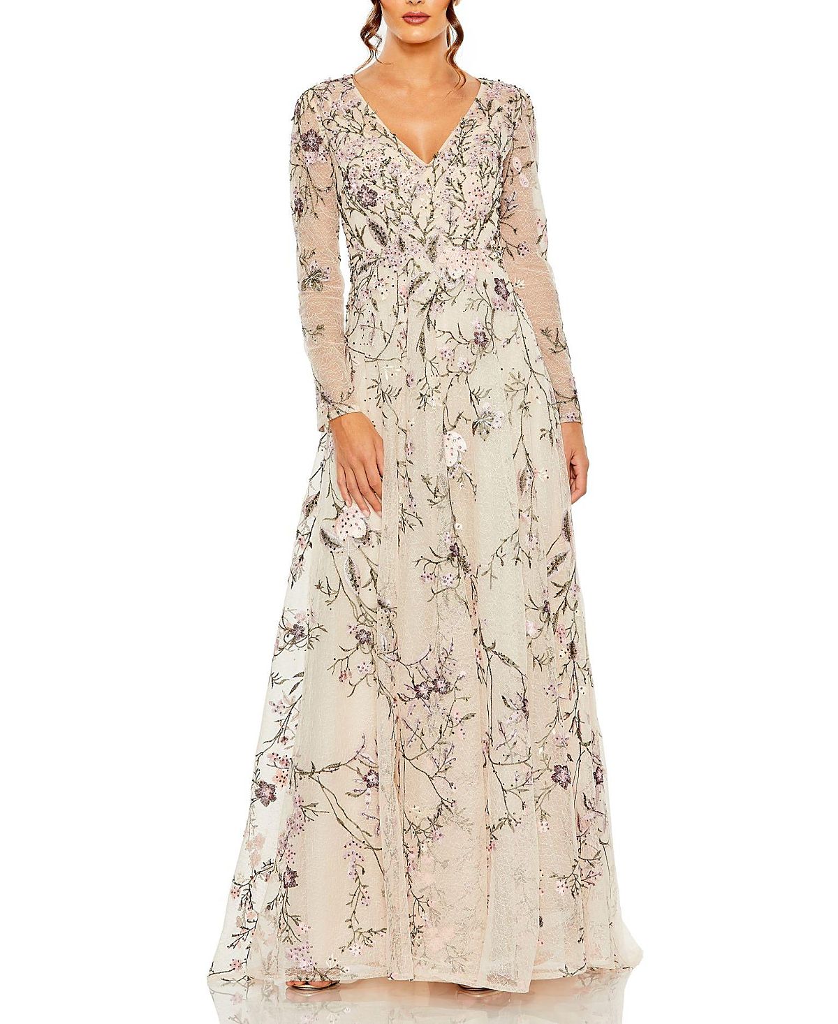 Mac Duggal V Neck Long Sleeve Embroidered Gown