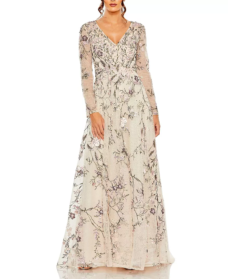 Mac Duggal V Neck Long Sleeve Embroidered Gown