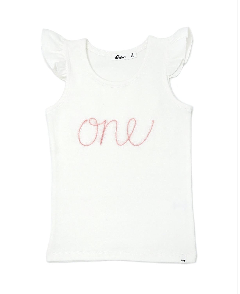 Oh Baby ! Girls One Pink Sparkle Embroidered Flutter Sleeve Tank - Baby In White