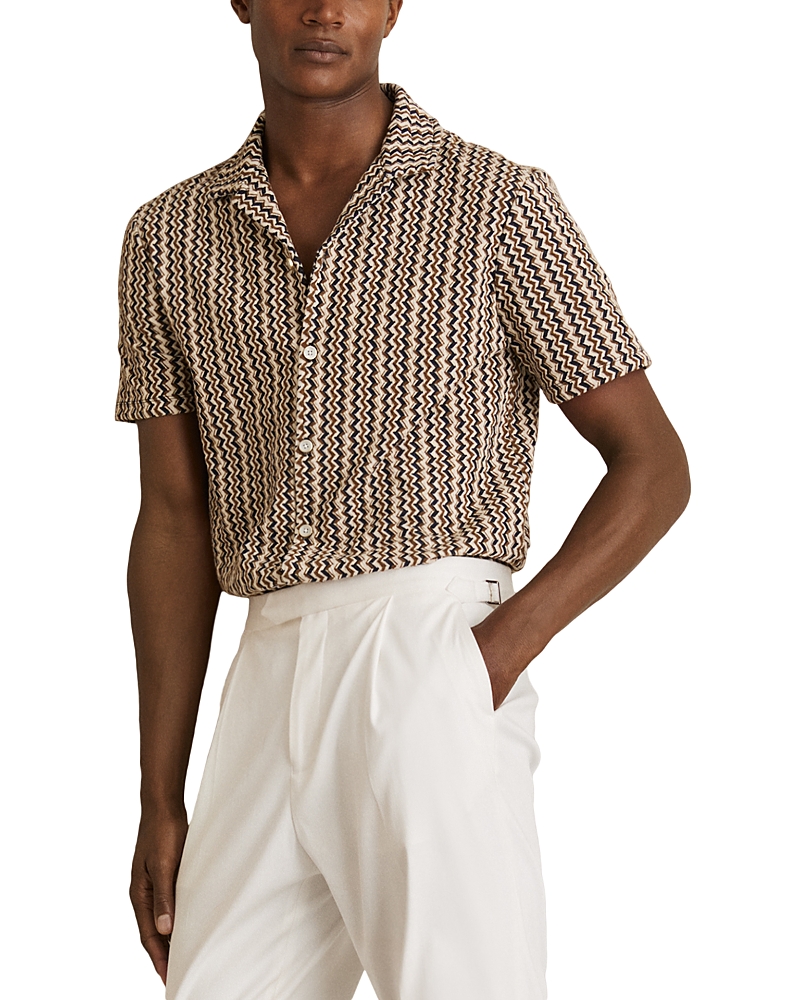 Reiss Tobacco Brown Zig-zag Knit Cuban-collar Shirt In Brown