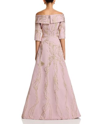 Jacquard Folded Off-the-Shoulder Elbow Sleeve Gown