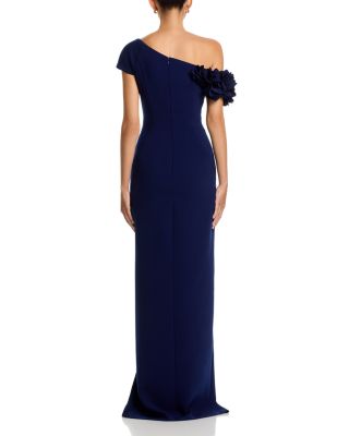 Stretch Crepe 3D Flower Asymmetric Neck Gown 