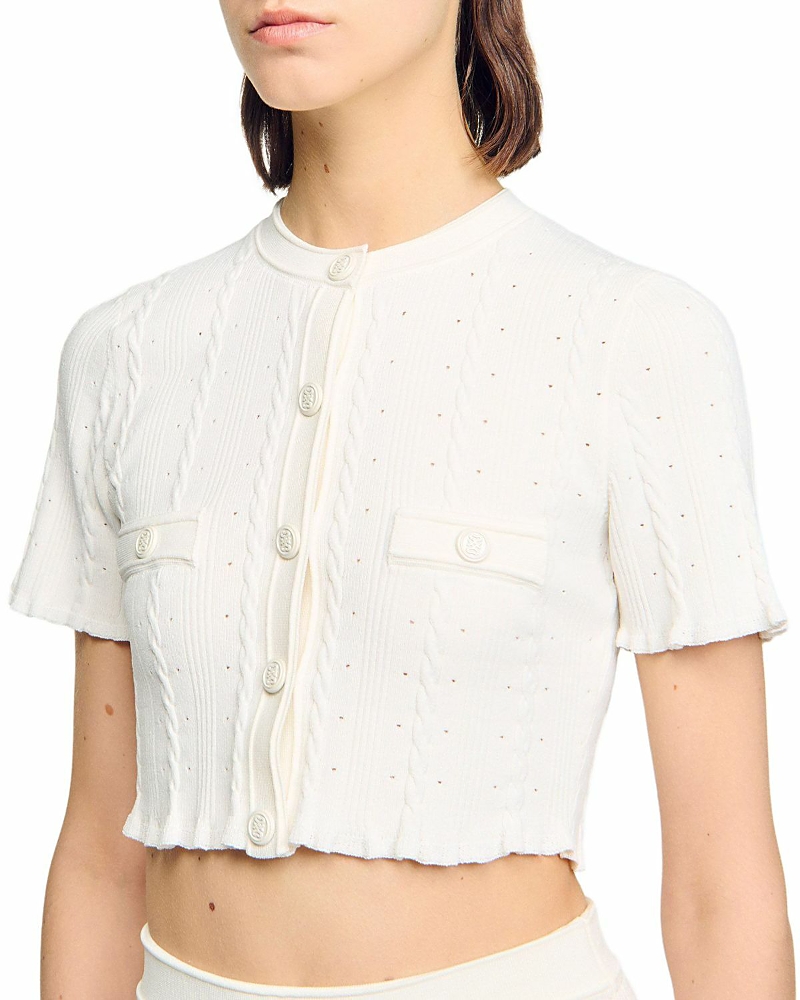 Sandro Cropped Pointelle Knit Cardigan In White