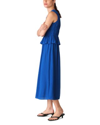 Shirred V Neck Midi Dress