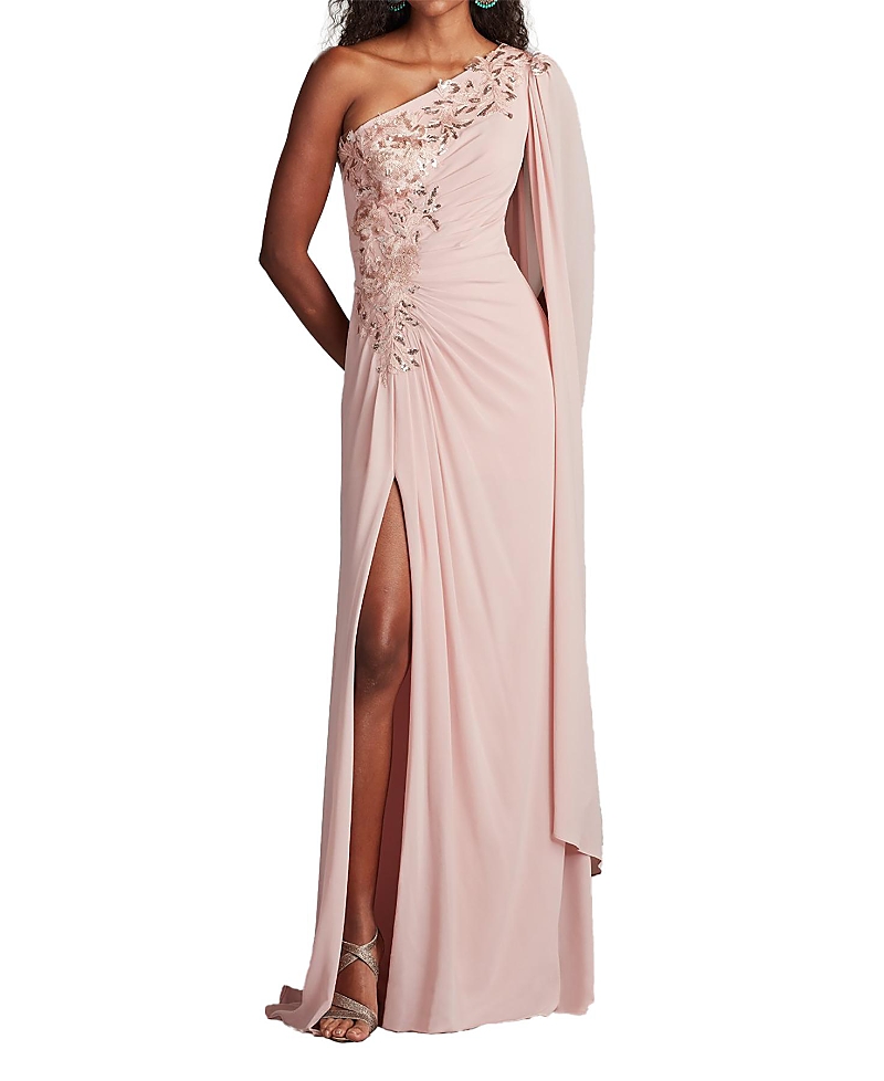 Tadashi Shoji Sequin Leaf Detail One-shoulder Chiffon Gown In Pink