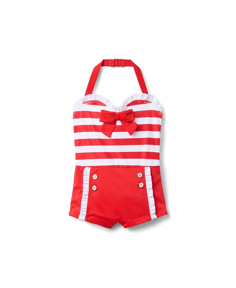 Janie And Jack Girls' Retro Stripe Swim - Little Kid, Big Kid In Red