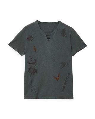Regular Fit Embroidered Raw Edge V Neck Tee