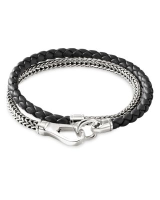 Men&#39;s Sterling Silver Icon Braided Leather &amp; Weave Double Wrap Bracelet