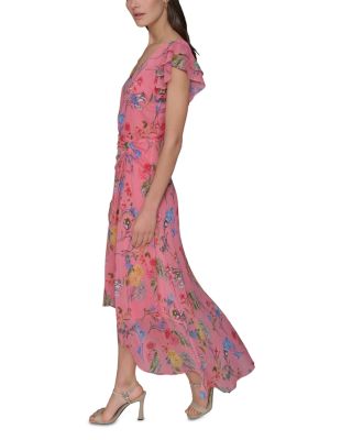 Floral High Low Flutter Sleeve Dress