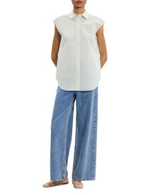 Cinched Cap-Sleeve Shirt in Striped Cotton-Blend