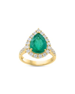 Emerald & Diamond Pear Shaped Halo Ring in 18K Yellow Gold