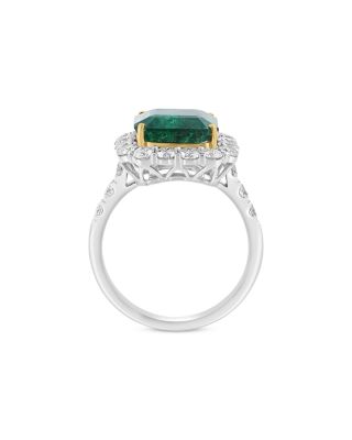 Emerald & Diamond Halo Ring in 18K Yellow & White Gold