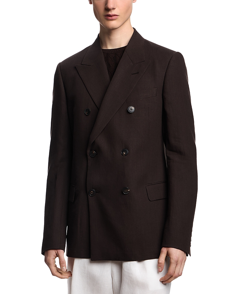 Emporio Armani Linen Double Breasted Peak Lapel Blazer In Brown
