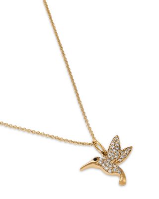 14K Yellow Gold Diamond & Blue Sapphire Hummingbird Pendant Necklace, 18"