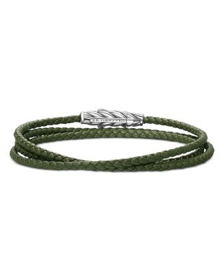 Men's Chevron Triple Wrap Bracelet in Green Leather with Sterling Silver, 3mm