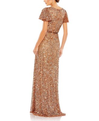 Sequined Wrap Over Butterfly Sleeve Draped Gown