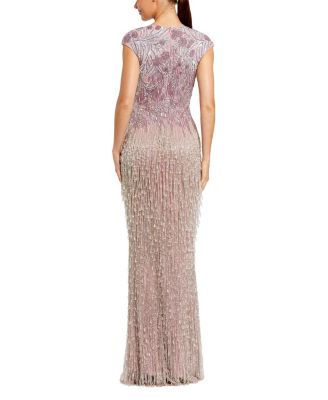 Short Sleeve Mesh Gown With Fringe Beading