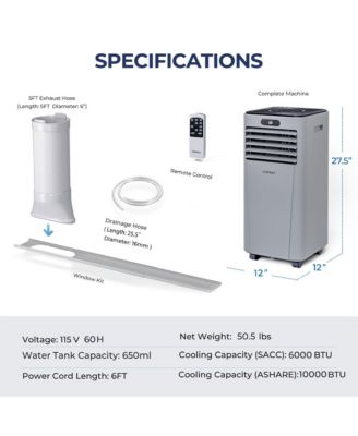  10000 BTU Portable Air Conditioner w/ Remote Control 3-in-1 Air Cooler w/ Drying