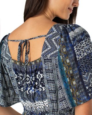 Printed Square Neck Elbow Sleeve Maxi Dress