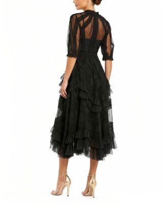 High Neck Puff Sleeve Ruffle Tiered Dress