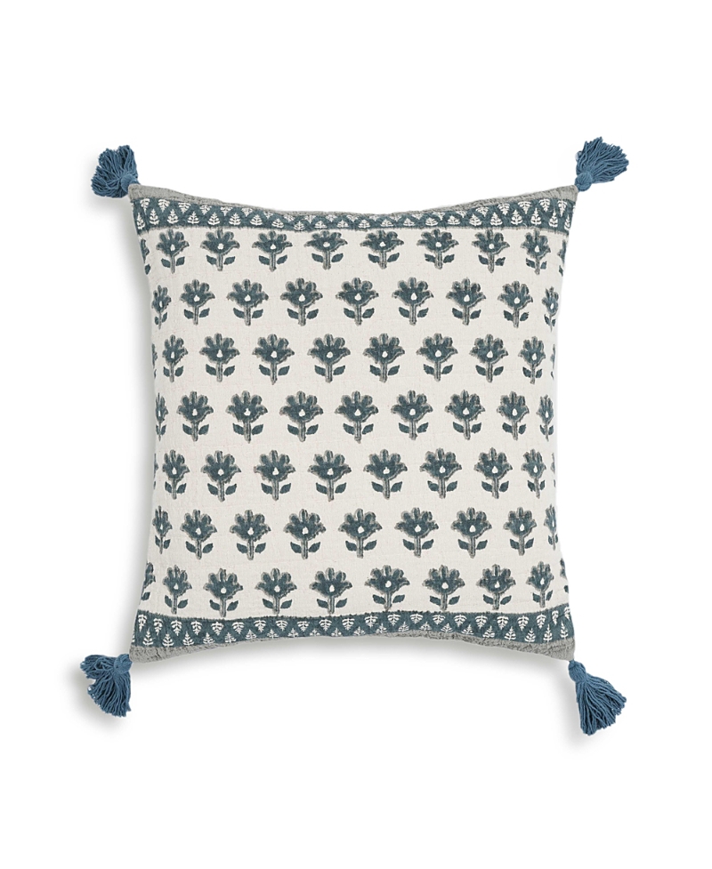 Tov Furniture Blossom Printed Cotton Tassel 20 Inch Accent Cushion In Blue In Blue