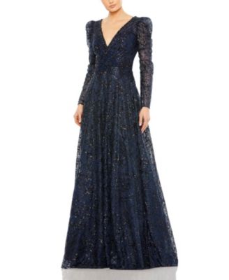 Embellished V-Neck Long Sleeve A Line Gown