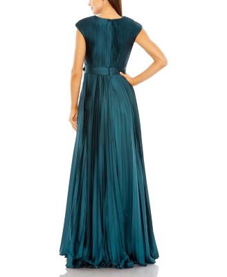  Pleated Plunge Neck Belted Satin Gown