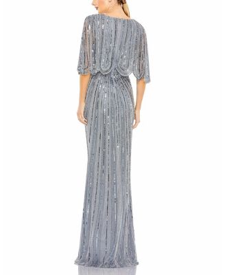  Sequined V Neck Cape Sleeve Column Gown