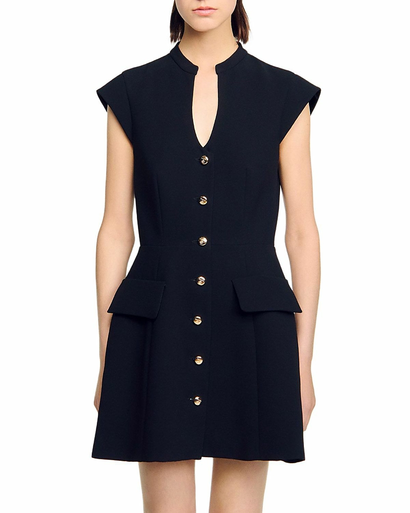 Sandro Womens Black Capped-sleeves Buttoned Knitted Mini Dress In Blue