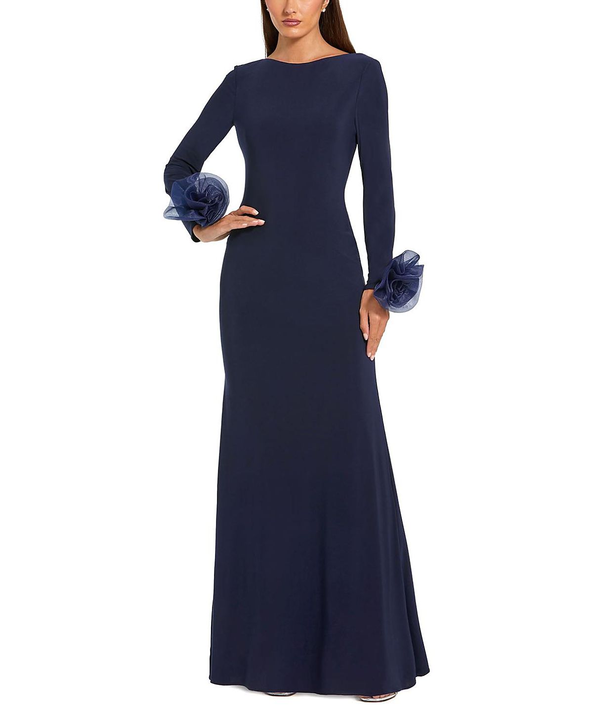 Mac Duggal Long Sleeve Fitted Jersey With 3D Flowers Gown