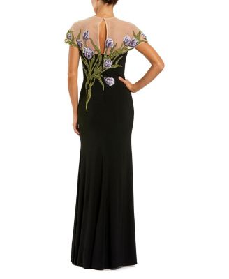 Jersey Floral Embroidered Illusion Neck Gown