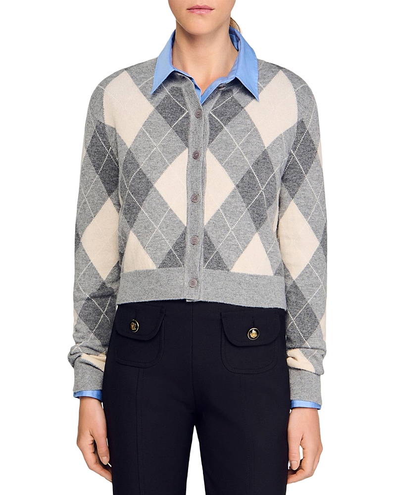Sandro Argyle Pattern Cardigan Sweater In Gray
