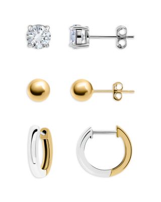 18K Gold Plated, Sterling Silver & Cubic Zirconia Two-Tone Stud & Hoop Earrings, Set of 3 - Exclusive