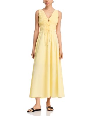 V Neck Tie Front Yellow Midi Dress