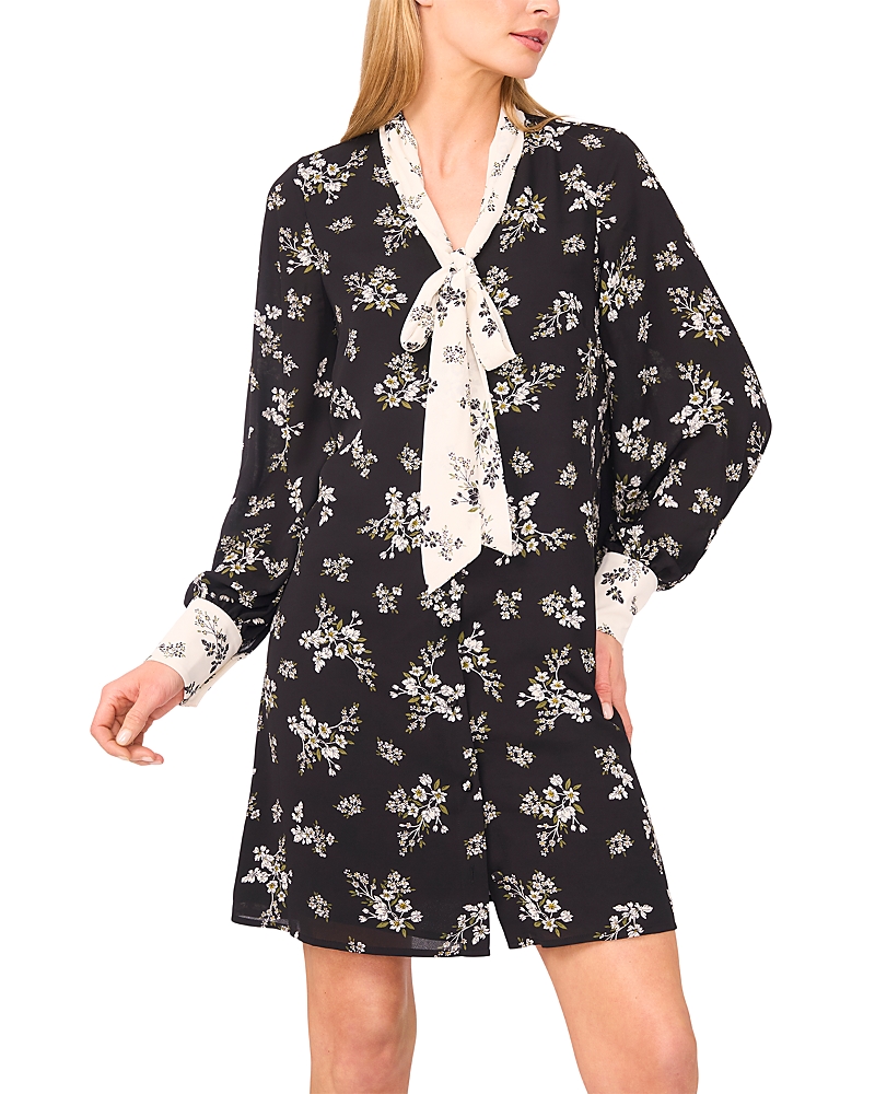 Cece Tie Neck Long Sleeve Shirtdress In Black