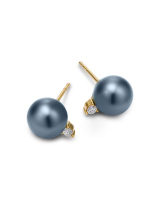 Diamond & Cultured Tahitian Black Pearl Earrings in 14K Yellow Gold, 0.10 tcw